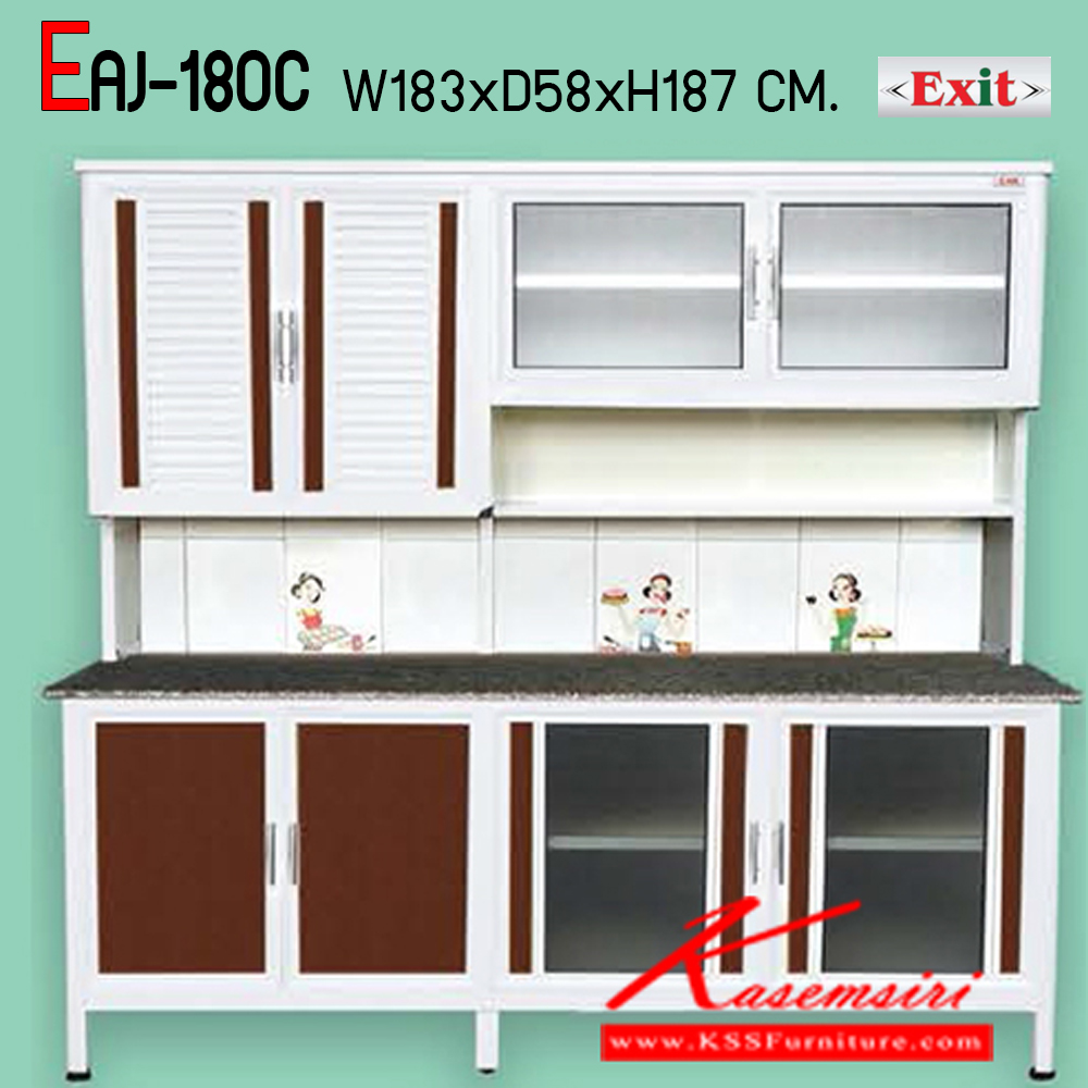 39016::EAJ-180C::ตู้ครัวเรียบ 1.80 เมตร ท็อปหินแกรนิตแท้ เจียร์ขอบ ขนาด ก1830xล580xส1870 มม. รุ่น Exit มีลายกระเบื้องให้เลือก 3 ลาย ลายแม่ครัว,ลายพ่อครัว,ลายกราฟฟิก มือจับสแตนเลส หน้าบานแบบกระจกขลิปอลูคอมโพสิต ตู้กระเบื่องอลูมิเนียม ครัวไทย
