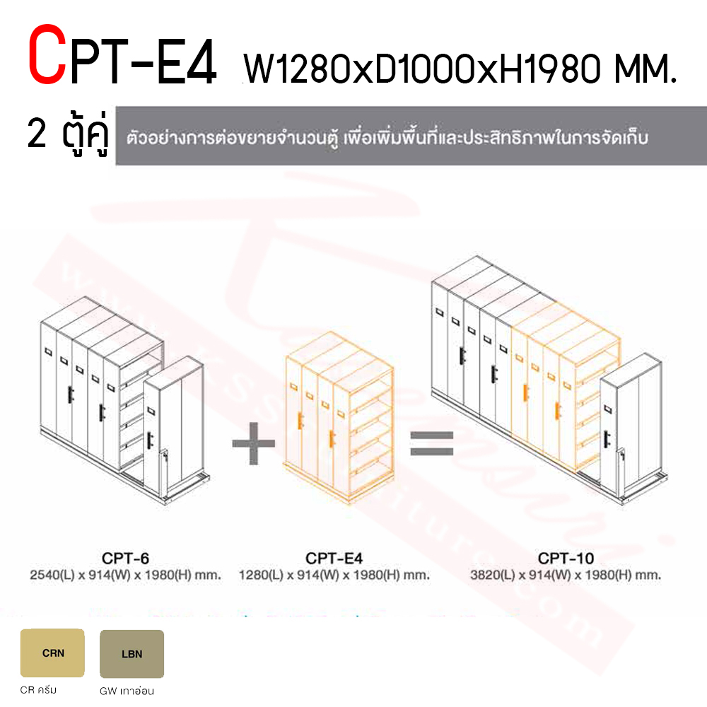 767920000::CPT-E4(ตู้เสริม2คู่)::ตู้รางเลื่อนมือจับอลูมิเนียม ตู้เอกสารรางเลื่อนเหล็ก แผ่นชั้นรับน้ำหนักได้ 55 kg. รับได้สูงสุด 275 kg/ตู้ ขนาด W1000xL1280xH1980mm. โครงสร้างแผ่นเหล็ก SPCC หนา 0.6 มม. ป้องกันสนิม  มี2สีให้เลือก ครีม,เทาอ่อน ไทโย ตู้เอกสารรางเลื่อน