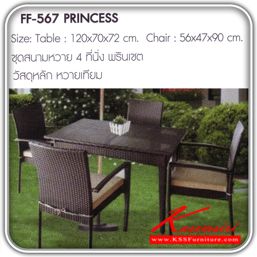 241780003::PRINCESS::ชุดสนามหวาย4ที่นั่ง รุ่น พรินเชต ขนาด1ก1200xล700xส720มม.ขนาด2ก560xล470xส900มม. หวายเทียม ชุดโต๊ะแฟชั้น FANTA