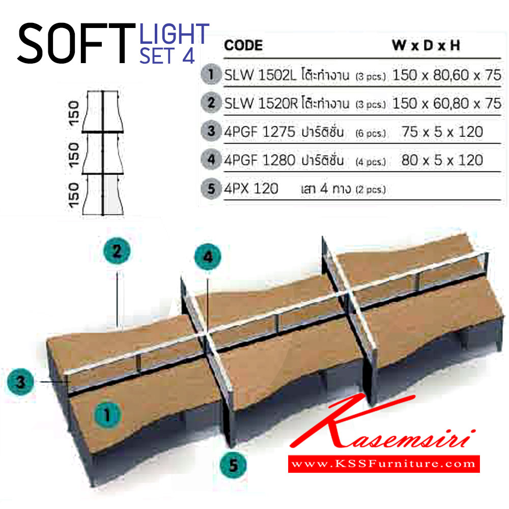 7710332035::SOFT-LIGHT-SET-4::ชุดโต๊ะทำงาน 6 ที่นั่ง พร้อมตู้เอกสาร และ ฉากกั้น
ขนาดโดยรวม ก4500xล1600xส1200มม. อิโตกิ ชุดโต๊ะทำงาน