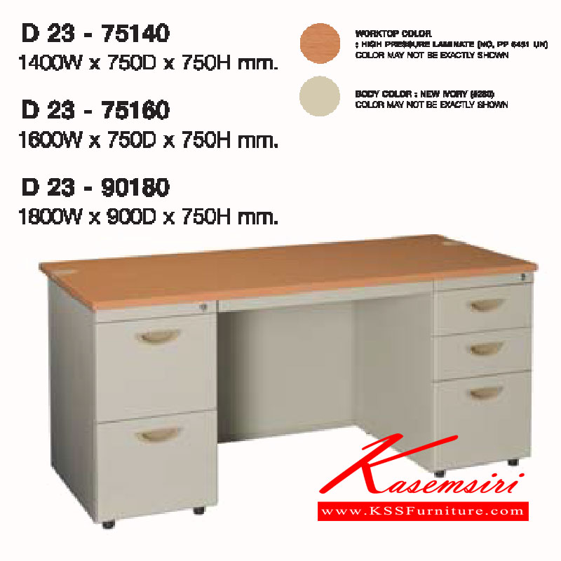 49046::D23-75140-60-90180::A Lucky metal table with 2 drawers on left, 3  drawers on right and melamine laminated sheet on top surface. Available in 3 sizes. LUCKY Steel Tables