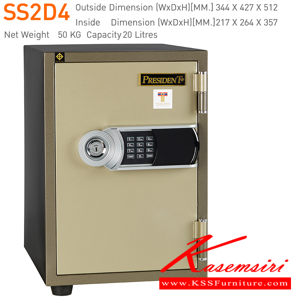 49026::SS2D4,SS2D4OV::ตู้นิรภัยรหัสดิจิตอลใหม่ รุ่น SS2D4,SS2D4OV(มีกุญแจมาสเตอร์) น้ำหนัก 50 กิโลกรัม ขนาดภายนอก 344x440x512 มม. ขนาดภายใน 217x264x357 มม. เพรสซิเด้นท์ ตู้เซฟ