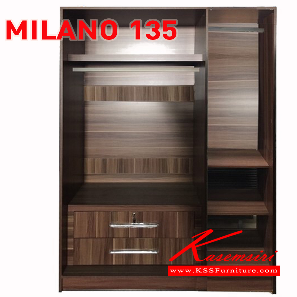 74665046::MILANO135::ตู้เสื้อผ้า 135 ซม. บานประตูเมลามีน+ลิ้นชักยกออกได้ ขนาด 1350x540x2000มม.  ดีดี ตู้เสื้อผ้า-บานเปิด