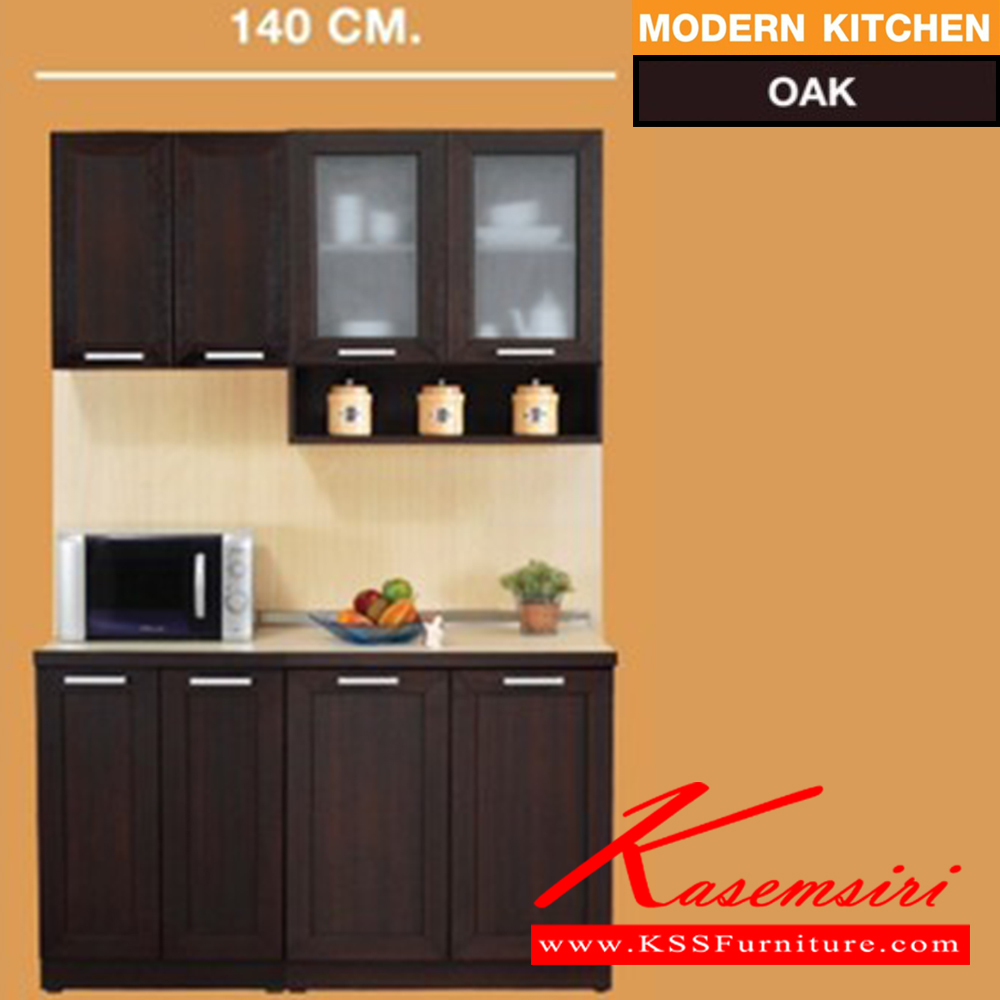 02005::MODERN-KIT-140::A Sure 140-cm kitchen set including MB-60 with 2 swing doors, MB-80 with 2 swing doors, MW-60 with swing door, MLW-80G with swing glass doors and open shelves and MT-140 topboard