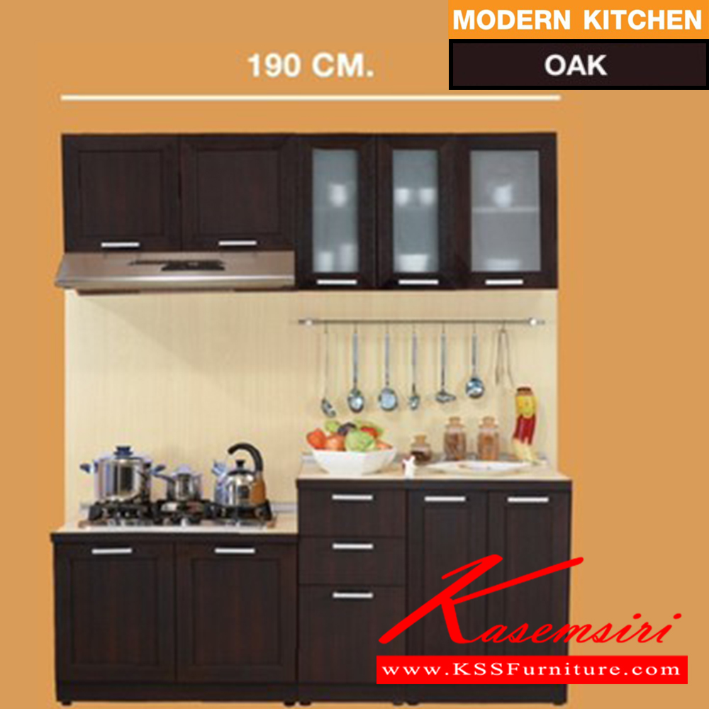 34061::MODERN-KIT-190::A Sure 190-cm kitchen set including MC-90 with 2 swing doors, MBD-40 with 3 drawers, MB-60 with 2 swing doors, MHW-90 with swing doors, MW-60G with swing glass door, MW-40G with swing glass door, MT-90 topboard and MT-100 topboard
