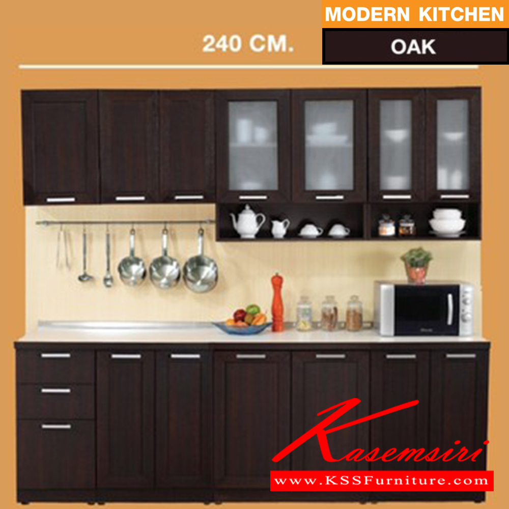 62006::MODERN-KIT-240::A Sure 240-cm kitchen set including MBD-40 with 3 drawers, MB-60 with 2 swing doors, MB-80 with 2 swing doors, MW-40 with swing door, MW-6W with swing door, MW-80G with swing glass door, MW-60G with swing glass door and MT-240 topboard