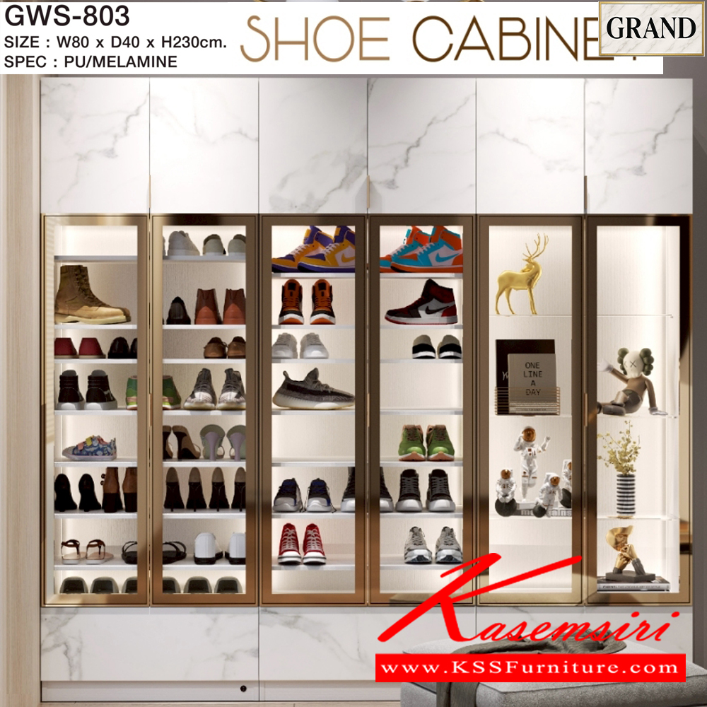 48011::GWS-803::ตู้รองเท้า 80 ซม.วางรองเท้าได้ 24-32คู่เฟรมอลูมิเนียมสีทองกระจกใส ขนาด 80x40x230 cm.SPEC:PU/MELAMINE บานพับ Soft close ชั้นวางรองเท้าระดับได้ ไฟ Led COB Strip Light สี วอร์มไวท์ ด้านบนบานเปิดภายในสามารเก็บของได้ Soft Close ด้านล่างลิ้นชักเก็บของรางลูกปืน