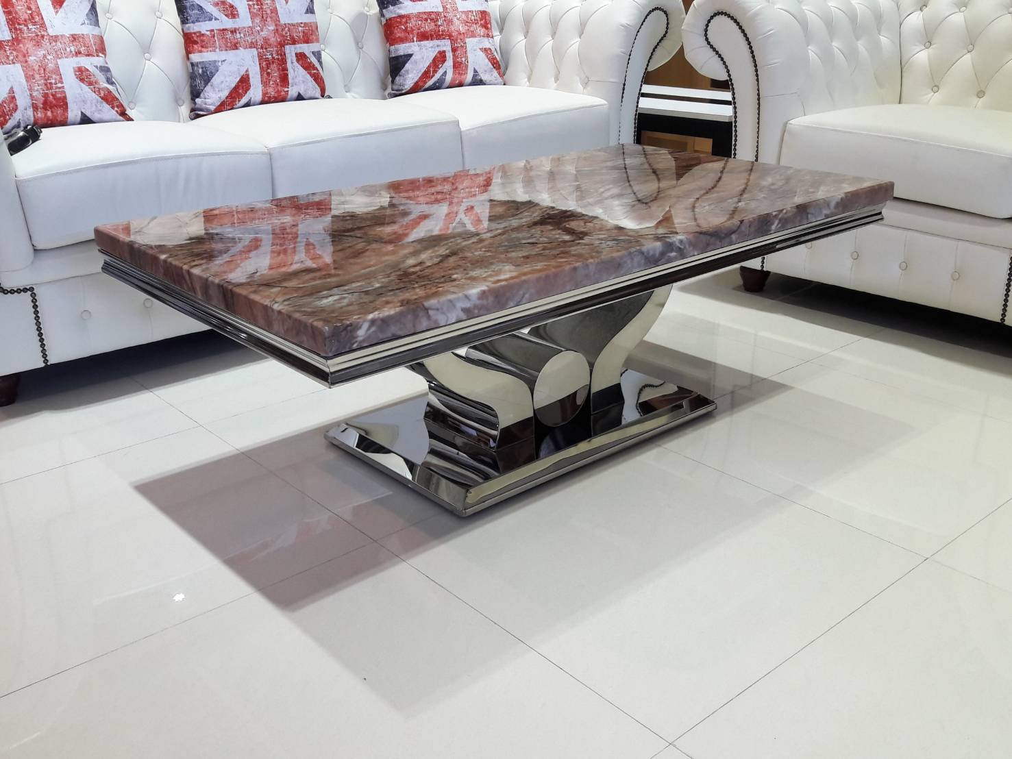 64087::DIAMOND::โต๊ะกลางหน้าหิน รุ่น DIAMOND (ไดม่อน) ขนาด ก1300xล700xส440 มม. หน้าท็อปเป็นหินสังเคราะห์ปิดผิว ขาเหล็กชุบโครเมี่ยม เบสช้อยส์ โต๊ะกลางโซฟา