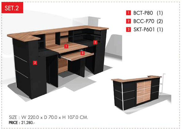 22072::COUNTER-SET2::ชุดเคาน์เตอร์ ขนาด 2.20ม. ประกอบด้วย BCT-P80 1ตัว BCC-P70 2ตัว SKT-P601 1ตัว โต๊ะสำนักงานเมลามิน PRELUDE