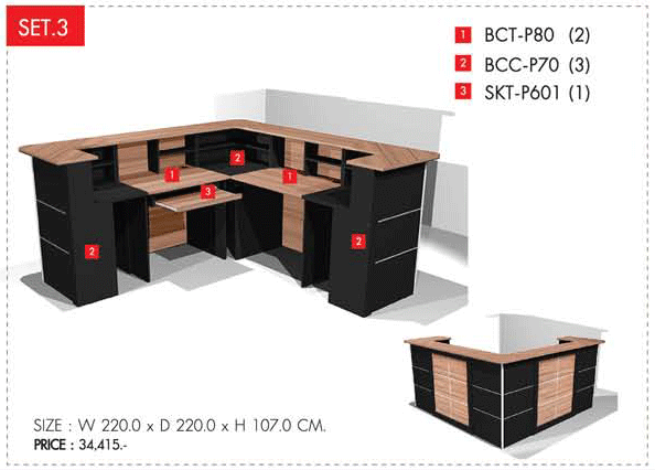 42009::COUNTER-SET3::เคาน์เตอร์ขนาด 2.20 ม. ประกอบด้วย BCT-P80 2ตัว BCC-P70 3 ตัว SKT-P601 1ตัว โต๊ะสำนักงานเมลามิน PRELUDE