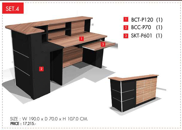 23079::COUNTER-SET4::ชุดเคาน์เตอร์ ขนาด1.90ม. ประกอบด้วย BCT-P120 1ตัว BCC-P70 1ตัว SKT-P601 1ตัว โต๊ะสำนักงานเมลามิน PRELUDE