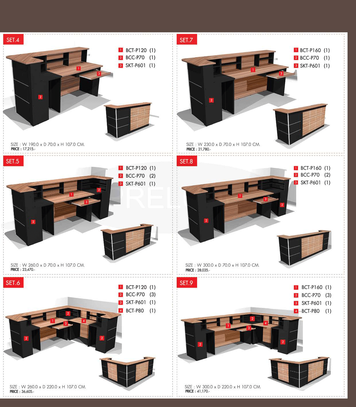 712625221::COUNTER-SET-8::A Prelude melamine office table set, including 1 BCT-P160, 2 BCC-P70 and 1 SKT-P601. Dimension (WxDxH) cm : 300x70x107 PRELUDE Coun Table