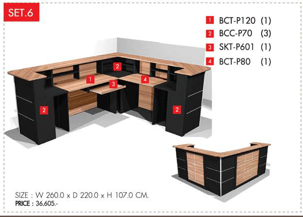 41034::COUNTER-SET6::A Prelude melamine office table set, including 1 BCT-P120, 3 BCC-P70, 1 SKT-P601 and 1 BCT-P80. Dimension (WxDxH) cm : 260x220x107