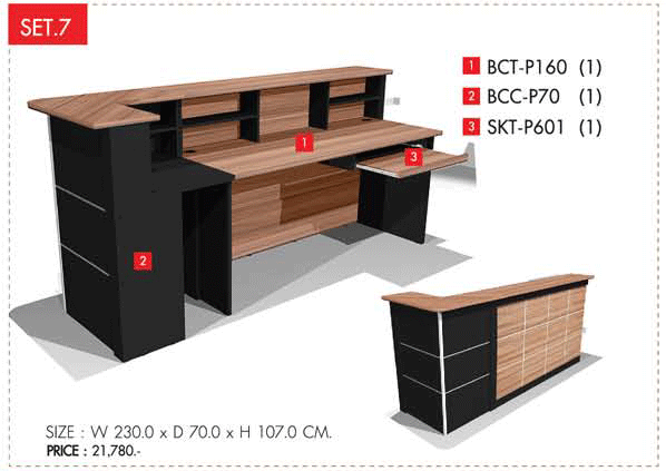 03009::COUNTER-SET-7::เคาน์เตอร์ ขนาด 2.30ม. ประกอบด้วย BCT-P160 1ตัว BCC-P70 1ตัว SKT-P601 1ตัว  โต๊ะสำนักงานเมลามิน PRELUDE พรีลูด โต๊ะเคาน์เตอร์