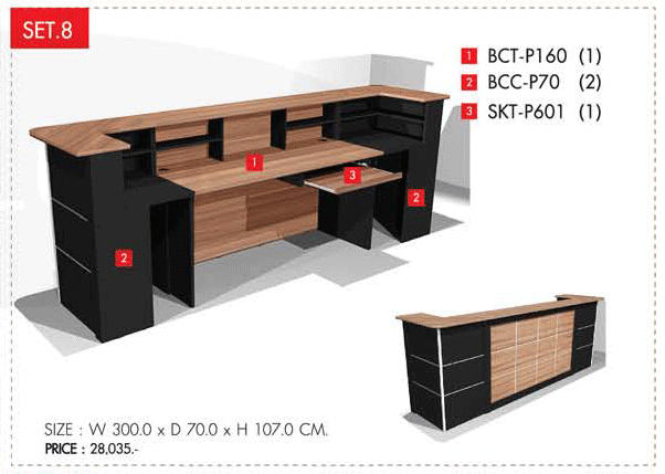 87007::COUNTER-SET-8::เคาน์เตอร์ ขนาด3.00ม. ประกอบด้วย BCT-P160 1ตัว BCC-P70 2ตัว SKT-P601 1ตัว โต๊ะสำนักงานเมลามิน PRELUDE พรีลูด โต๊ะเคาน์เตอร์