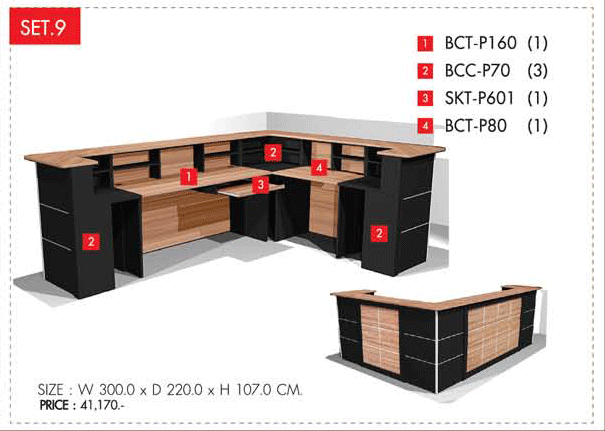 383853847::COUNTER-SET-9::A Prelude melamine office table set, including 1 BCT-P160, 3 BCC-P70, 1 SKT-P601 and 1 BCT-P80. Dimension (WxDxH) cm : 300x220x107 PRELUDE Coun Table