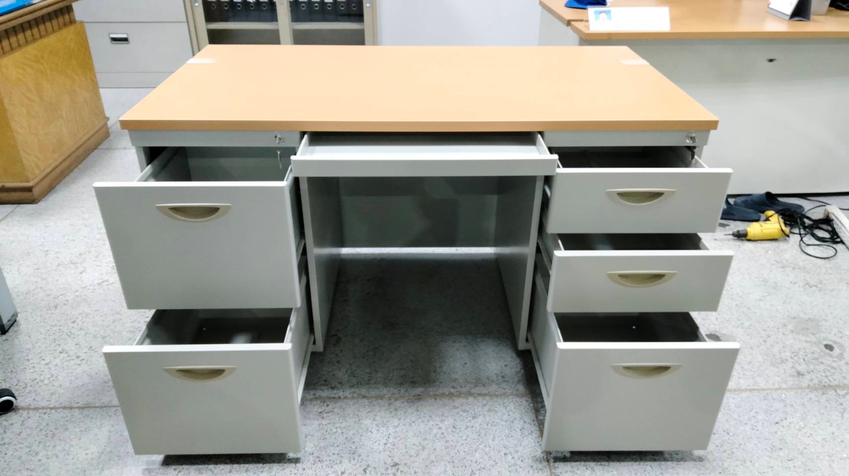 49046::D23-75140-60-90180::A Lucky metal table with 2 drawers on left, 3  drawers on right and melamine laminated sheet on top surface. Available in 3 sizes. LUCKY Steel Tables