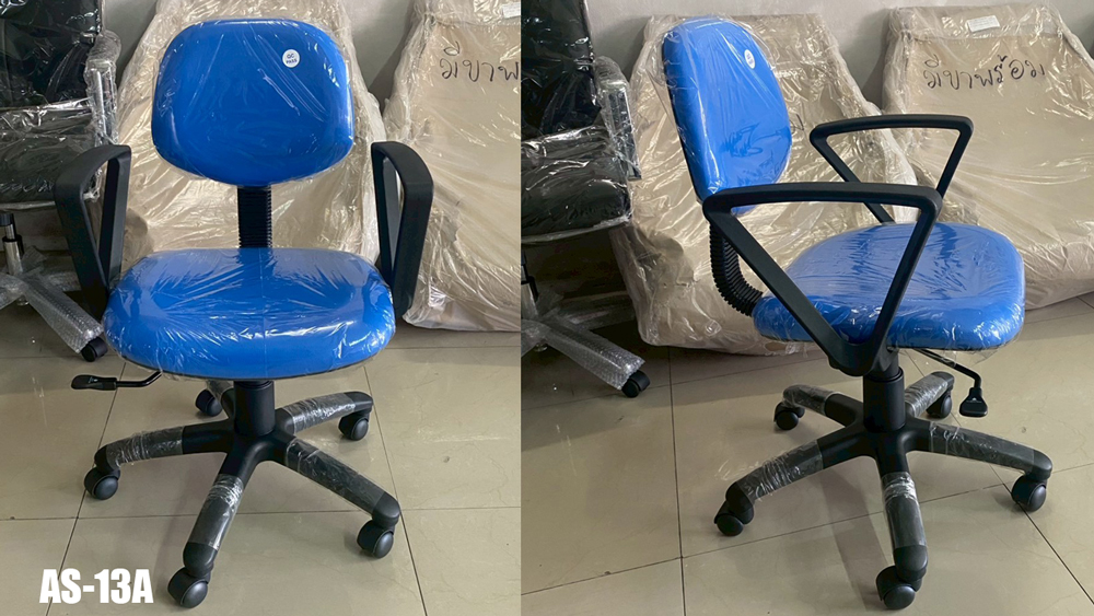81024::AS-13A::An Asahi AS-13A series office chair with backrest tilting mechanism and black metal/fiber base, providing adjustable locked-screw/gas lift extension. 3-year warranty for the frame of a chair under normal application and 1-year warranty for the plastic base and accessories. Dimension (WxDxH) cm : 60x54x83. Available in 3 seat styles: PVC leather, PU leather and Cotton.