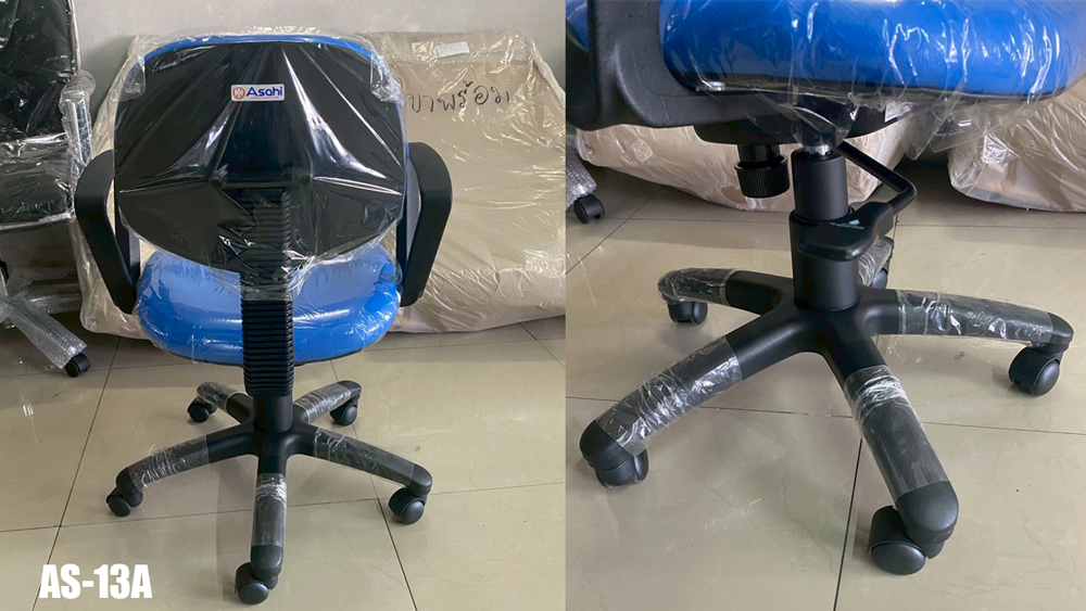 81024::AS-13A::An Asahi AS-13A series office chair with backrest tilting mechanism and black metal/fiber base, providing adjustable locked-screw/gas lift extension. 3-year warranty for the frame of a chair under normal application and 1-year warranty for the plastic base and accessories. Dimension (WxDxH) cm : 60x54x83. Available in 3 seat styles: PVC leather, PU leather and Cotton.