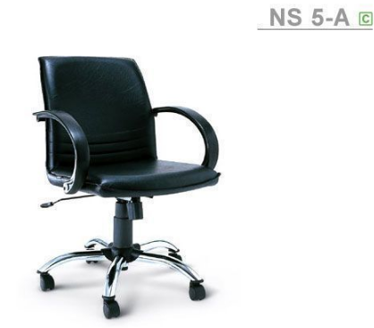 77062::NS-5A::An Asahi NS-5A series office chair with conventional tilting mechanism, padded arms and chromium base. 3-year warranty for the frame of a chair under normal application and 1-year warranty for the plastic base and accessories. Dimension (WxDxH) cm : 58x62x84. Available in 3 seat styles: PVC leather, PU leather and Cotton.