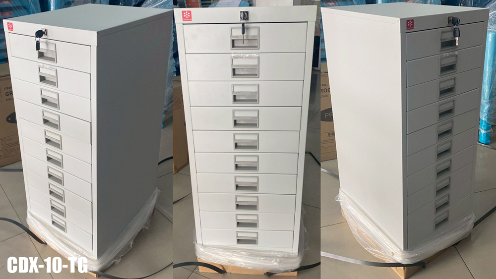 37055::CDX-10-TG(เทาทราย)::ตู้เก็บเอกสารเหล็ก 10ลิ้นชัก TG(เทาทราย) ขนาด 375x457x932 มม. (กxลxส) ลัคกี้เวิลด์ ตู้เอกสารเหล็ก