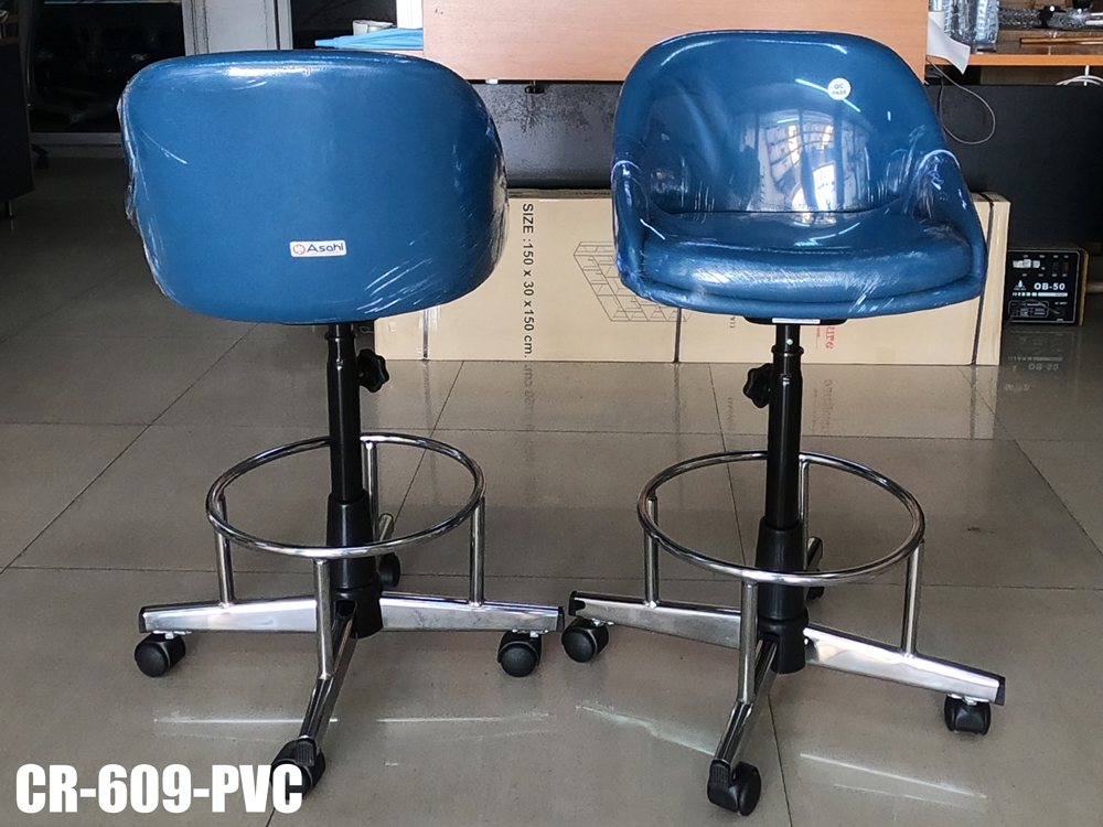 92022::CR-609::An Asahi CR-609 series stool with metal base, providing adjustable locked-screw/gas lift extension. 3-year warranty for the frame of a chair under normal application and 1-year warranty for the plastic base and accessories. Dimension (WxSL) cm : 46x67. Available in 3 seat styles: PVC Leather, PU Leather and Cotton.