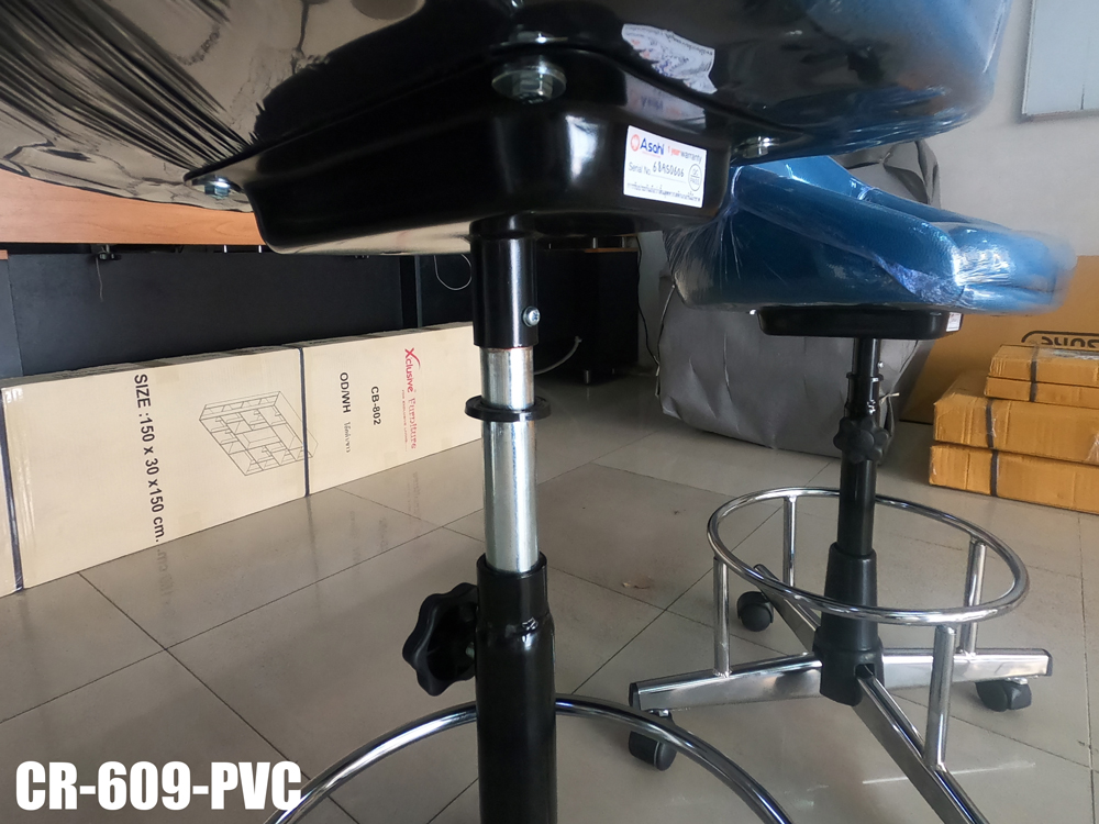 92022::CR-609::An Asahi CR-609 series stool with metal base, providing adjustable locked-screw/gas lift extension. 3-year warranty for the frame of a chair under normal application and 1-year warranty for the plastic base and accessories. Dimension (WxSL) cm : 46x67. Available in 3 seat styles: PVC Leather, PU Leather and Cotton.
