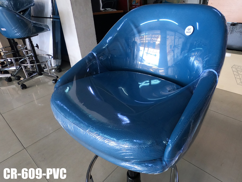 92022::CR-609::An Asahi CR-609 series stool with metal base, providing adjustable locked-screw/gas lift extension. 3-year warranty for the frame of a chair under normal application and 1-year warranty for the plastic base and accessories. Dimension (WxSL) cm : 46x67. Available in 3 seat styles: PVC Leather, PU Leather and Cotton.