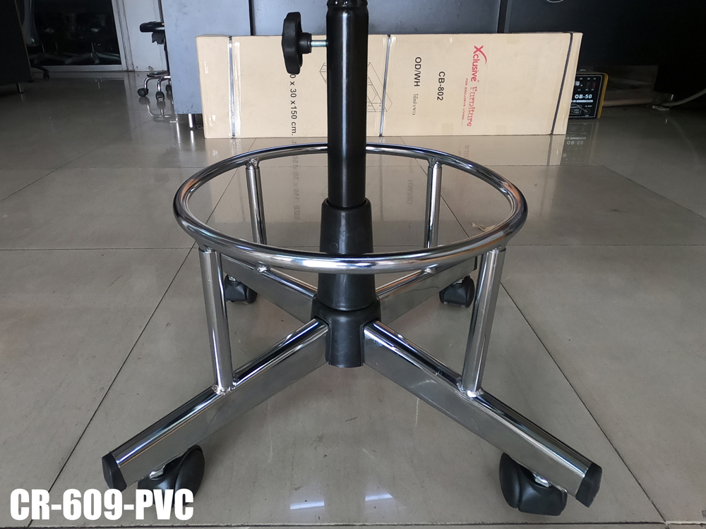 92022::CR-609::An Asahi CR-609 series stool with metal base, providing adjustable locked-screw/gas lift extension. 3-year warranty for the frame of a chair under normal application and 1-year warranty for the plastic base and accessories. Dimension (WxSL) cm : 46x67. Available in 3 seat styles: PVC Leather, PU Leather and Cotton.