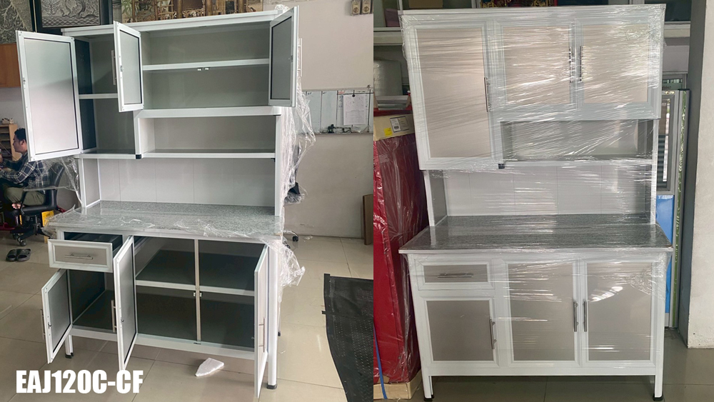 21066::EAJ120C(เจียร์ขอบ)::ตู้ครัวเรียบ 1.20 เมตร ท็อปหินแกรนิตแท้ เจียร์ขอบ ขนาด ก1230xล580xส1870 มม. รุ่น Exit มีลายกระเบื้องให้เลือก 3 ลาย ลายแม่ครัว,ลายพ่อครัว,ลายกราฟฟิก มือจับสแตนเลส หน้าบานแบบกระจกขลิปอลูคอมโพสิต ตู้กระเบื่องอลูมิเนียม ครัวไทย