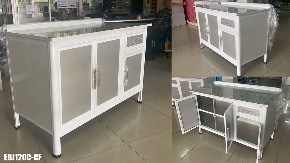 81080::EBJ120C(เจียร์ขอบ)::ตู้ล่างเรียบ 1.2 ม.ท็อปหินแกรนิตเรียบ ขนาด ก1230xล580xส870 มม. เจียร์ขอบ รุ่น Exit สินค้าเป็นรุ่นทนน้ำ กันปลวก ปลอดกลิ่นอับชื้น โครงสร้างอลูมิเนียมล้วนทั้งใบ ตู้ครัวอลูมิเนียม ครัวไทย