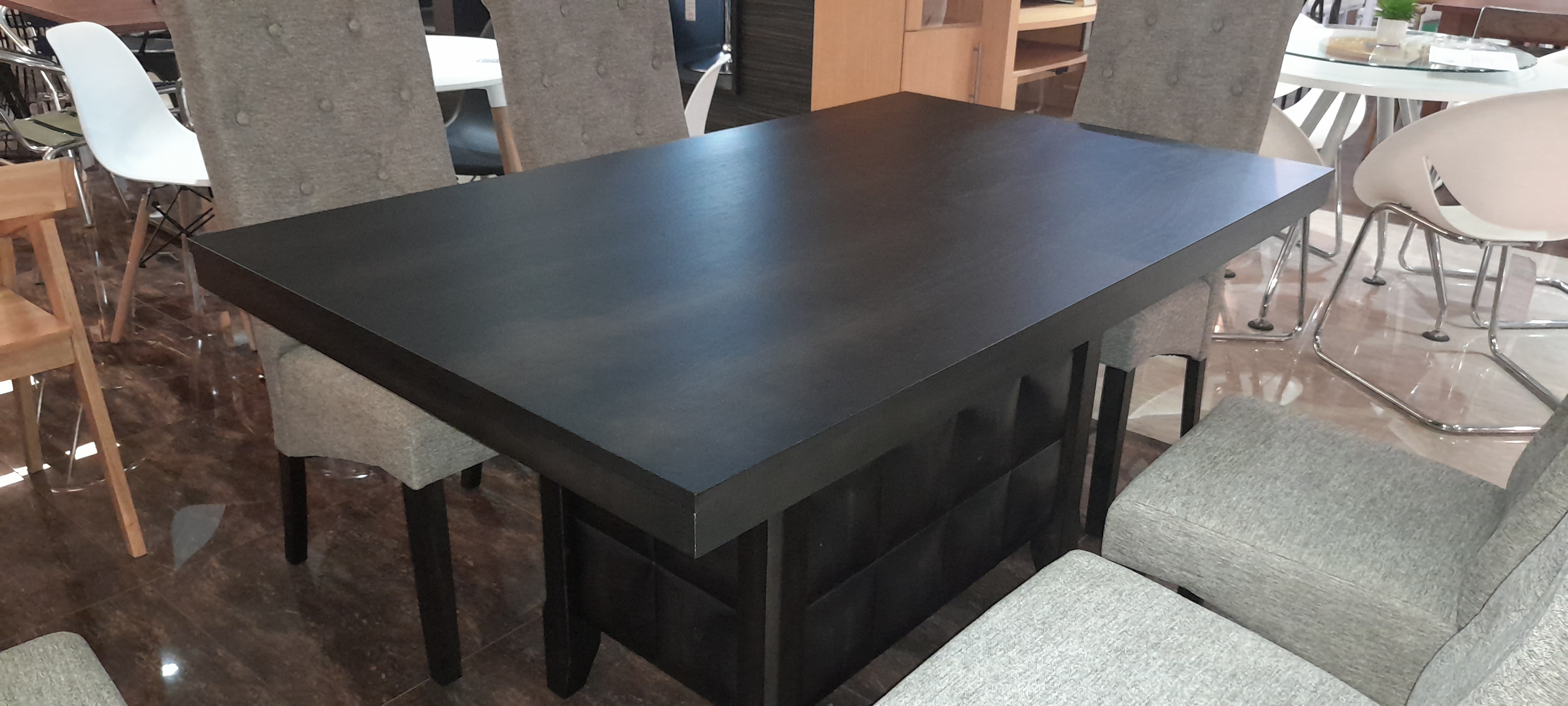 62002::EUREKA(ยูเรก้า)::ชุดโต๊ะอาหารหน้าไม้ 6 ที่นั่ง โต๊ะ ขนาด ก1500xล900xส780 มม. เก้าอี้ขนาด ก450xล660xส1040มม. หน้าโต๊ะเป็นไม้ MDF เคลือบวีเนียร์ ขาโต๊ะเป็นไม้จริง ตัวชั้นเป็นแผ่นไม้ MDF เคลือบด้วยวีเนียร์ พนักพิงและเบาะเป็นผ้า ขาเก้าอี้เป็นไม้จริง เบสช้อยส์ ชุดโต๊ะอาหาร
