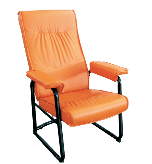 70039::P-3::An Itoki armchair with PVC leather seat and black painted frame. Dimension (WxDxH) cm : 74x83-127x110. Available in 6 colors: Green, Orange, Yellow, Red, Black and Purple