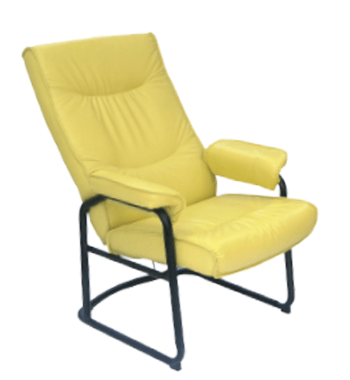 70039::P-3::An Itoki armchair with PVC leather seat and black painted frame. Dimension (WxDxH) cm : 74x83-127x110. Available in 6 colors: Green, Orange, Yellow, Red, Black and Purple