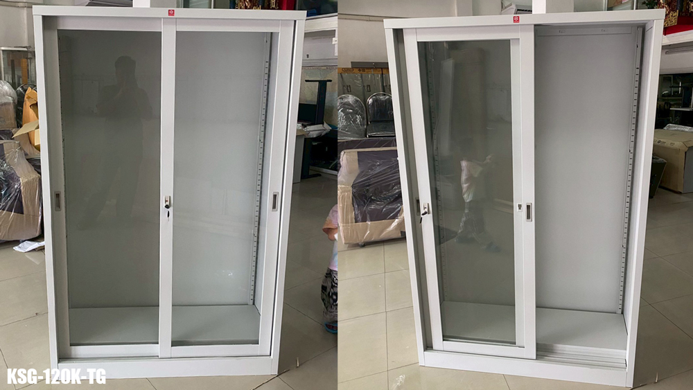 64044::KSG-120K-TG(เทาทราย)::ตู้เอกสารเหล็ก บานเลื่อนกระจกสูง 4 ฟุต TG(เทาทราย) ขนาด 1188x457x1830 มม. (กxลxส) ลัคกี้เวิลด์ ตู้เอกสารเหล็ก