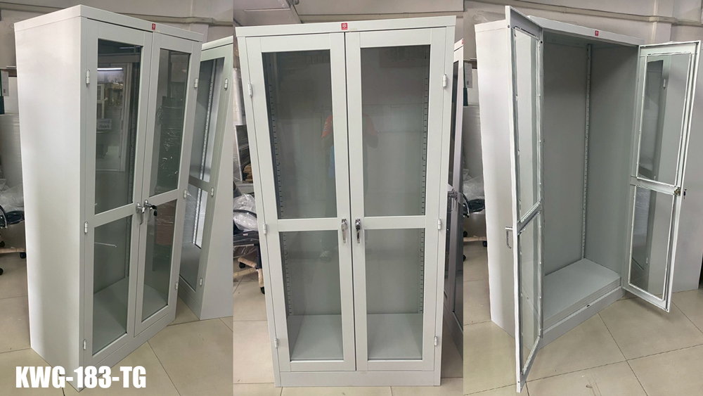 43022::KWG-183-TG(เทาทราย)::ตู้เอกสารเหล็กบานเปิดกระจกใส 4 ช่อง TG(เทาทราย) ขนาด 914x457x1830 มม. (กxลxส) มือจับบิด/มือจับคันโยก ลัคกี้เวิลด์ ตู้เอกสารเหล็ก