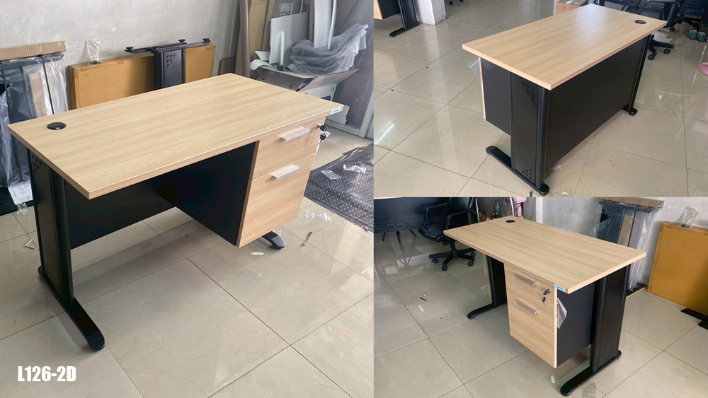 46029::L126-2D::โต๊ะทำงาน120ซม.2ลิ้นชักขวา ขนาด W1200xD600xH750 mm. สีไวด์โอ๊ค,สีเชอร์รี่ เพรสซิเด้นท์ โต๊ะทำงานขาเหล็ก ท็อปไม้