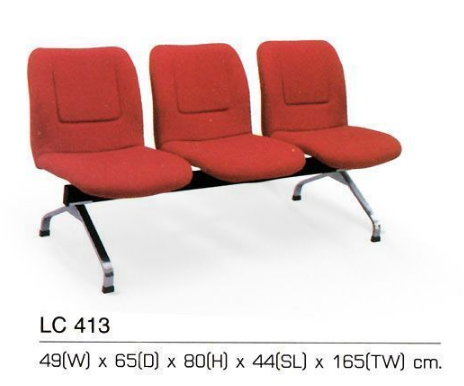 47025::LC-413::An Asahi LC-413 series row chair with 3 seats. 3-year warranty for the frame of a chair under normal application and 1-year warranty for the plastic base and accessories. Dimension (WxDxH) cm : 165x65x80. Available in 3 seat styles: PVC Leather, PU Leather and Cotton.