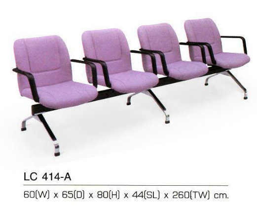 82016::LC-414A::An Asahi LC-414A series row chair with 4 seats and armrest. 3-year warranty for the frame of a chair under normal application and 1-year warranty for the plastic base and accessories. Dimension (WxDxH) cm : 260x65x80. Available in 3 seat styles: PVC Leather, PU Leather and Cotton.