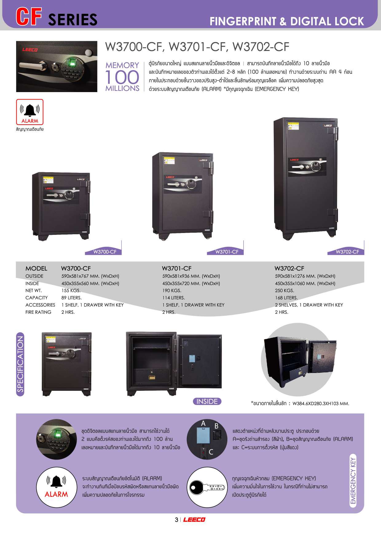 00009::W3700-CF::ตู้นิรภัยขนาดใหญ่ สัญญาณเตือนภัย ระบบสัมผัสลายนิ้วมือและดิจิตอล น้ำหนัก 155 kg ขนาดภายนอก 590x586x767 มม. ขนาดภายใน 450x355x560  มม. ความจุ89ลิตร ทนไฟได้2hr ภายในมี1แผ่นชั้น 1ลิ้นชักพร้อมกุญแจ มีกุญแจฉุกเฉินทรงยาว ลีโก้ ตู้เซฟ