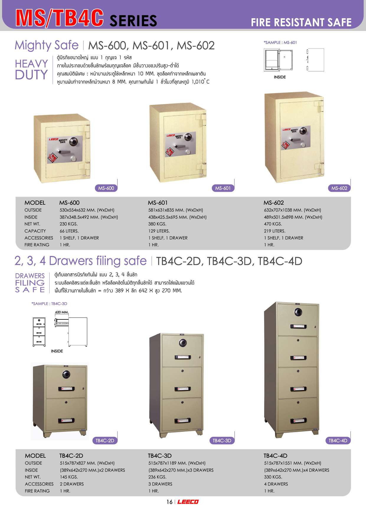 98025::TB4C-4D::ตู้เก็บเอกสารนิรภัยกันไฟแบบ 4 ลิ้นชัก น้ำหนัก 330 kg ขนาดภายนอก 515x787x1551 มม. และ ขนาดภายใน 389x642x270 มม.x4 ลิ้นชัก ทนไฟได้ 1 hr.  ลีโก้ ตู้เซฟ