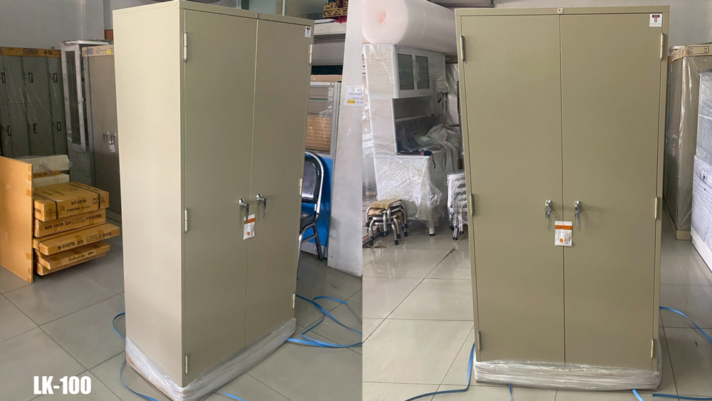 02000::LK-100::A Taiyo metal cabinet with 2 thick doors. Dimension (WxDxH) cm : 91.4x45.7x183. Available in 3 colors: Cream, Medium Grey and Light Grey.