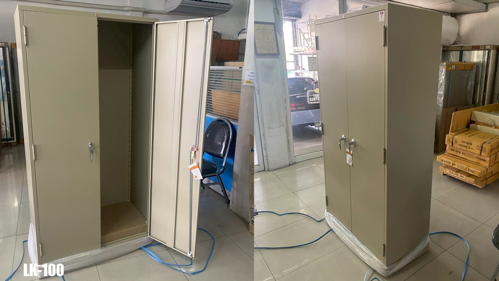 02000::LK-100::A Taiyo metal cabinet with 2 thick doors. Dimension (WxDxH) cm : 91.4x45.7x183. Available in 3 colors: Cream, Medium Grey and Light Grey.