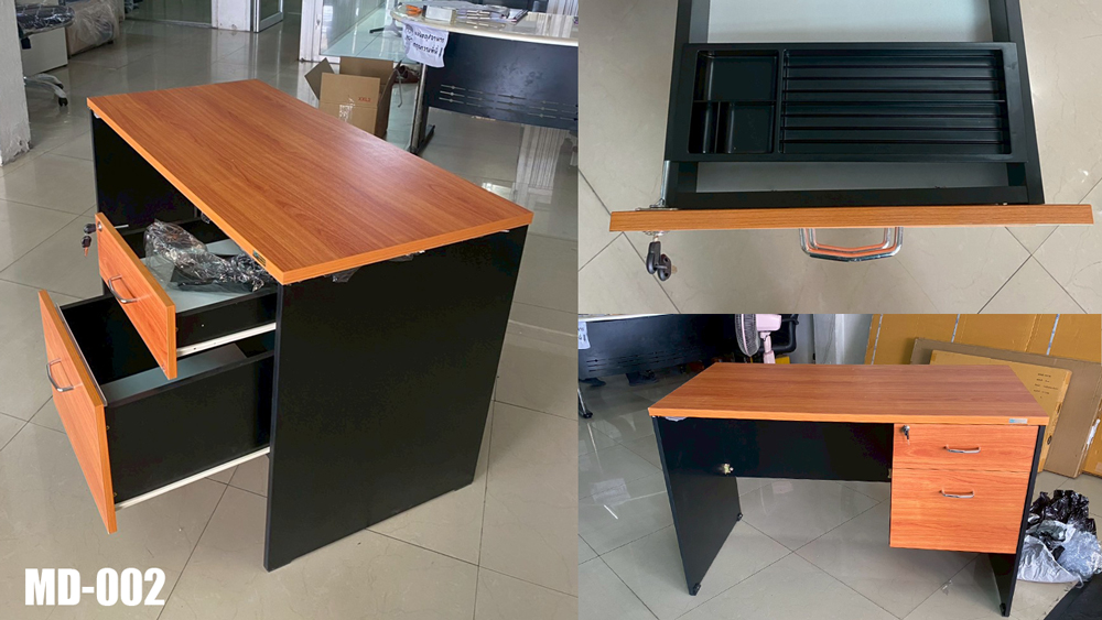 75036::MD-002::โต๊ะทำงาน 2 ลิ้นชัก ขนาด ก1200xล600xส750 มม. สีเชอร์รี่+ดำ โต๊ะสำนักงานเมลามิน PSP