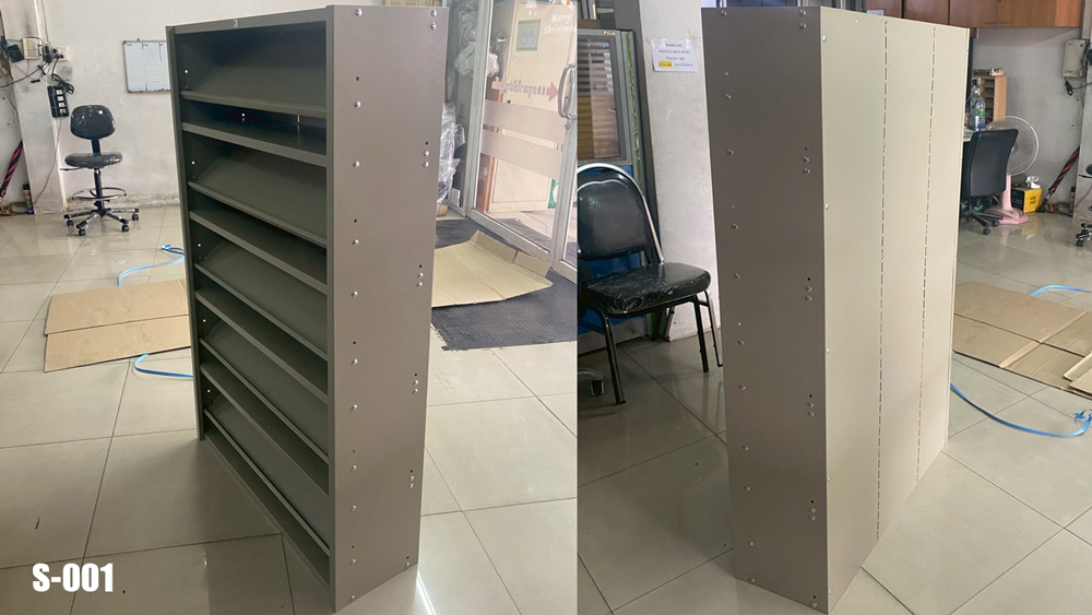 70017::S-001::A Taiyo metal book shelf. Dimension (WxDxH) cm : 91.4x30.5x152.4. Available in 2 colors: Light Grey and Cream. Metal Book Shelves