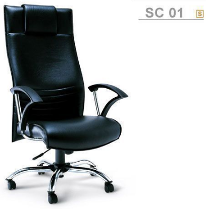 21029::SC-01::An Asahi SC-01 series executive chair with synchronized tilting mechanism and chromium base. 3-year warranty for the frame of a chair under normal application and 1-year warranty for the plastic base and accessories. Dimension (WxDxH) cm : 64x70x124. Available in 3 seat styles: PVC Leather, PU leather and Cotton.