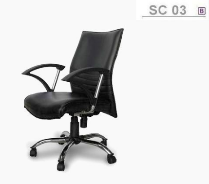 07026::SC-03::An Asahi SC-03 series executive chair with backrest tilting mechanism and chromium base. 3-year warranty for the frame of a chair under normal application and 1-year warranty for the plastic base and accessories. Dimension (WxDxH) cm : 62x62x92. Available in 3 seat styles: PVC Leather, PU leather and Cotton.