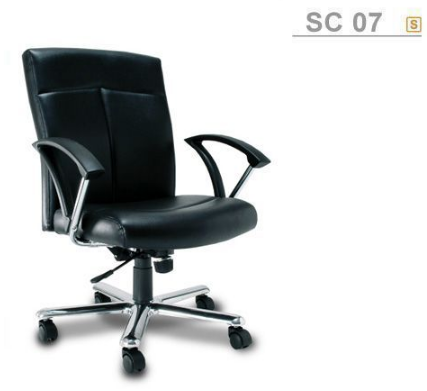 34047::SC-07::An Asahi SC-07 series executive chair with synchronized tilting mechanism and aluminium base. 3-year warranty for the frame of a chair under normal application and 1-year warranty for the plastic base and accessories. Dimension (WxDxH) cm : 64x68x94. Available in 3 seat styles: PVC Leather, PU leather and Cotton.