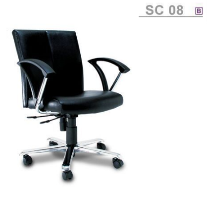 62090::SC-08::An Asahi SC-08 series office chair with backrest tilting mechanism, padded arms and aluminium base. 3-year warranty for the frame of a chair under normal application and 1-year warranty for the plastic base and accessories. Dimension (WxDxH) cm : 62x63x87. Available in 3 seat styles: PVC leather, PU leather and Cotton.