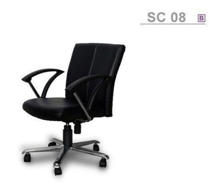 62090::SC-08::An Asahi SC-08 series office chair with backrest tilting mechanism, padded arms and aluminium base. 3-year warranty for the frame of a chair under normal application and 1-year warranty for the plastic base and accessories. Dimension (WxDxH) cm : 62x63x87. Available in 3 seat styles: PVC leather, PU leather and Cotton.